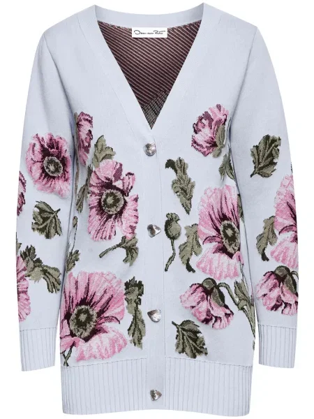 Cardigan Oscar De La Renta cu model floral din jacard albastru