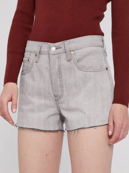 Дънкови Къс панталон Levi's дамски с изчистен дизайн с висока талия сиво