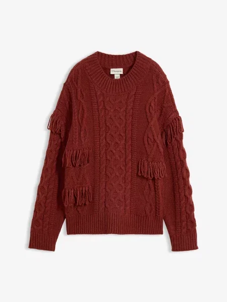 Sweter oversize z frędzlami brązowy