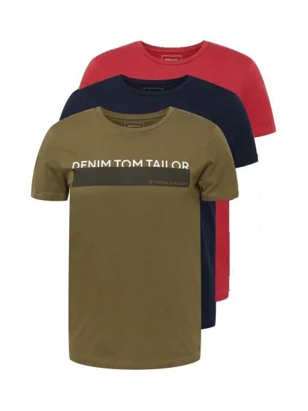 TOM TAILOR DENIM Tricou bleumarin / kaki / roșu alb