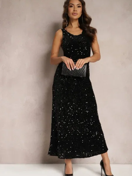 Rochie Maxi cu Bretele cu Paiete Misona neagră