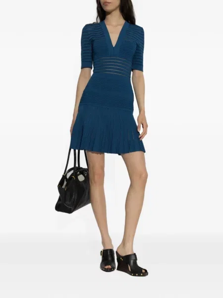 Pletené mini šaty Balmain s výstřihem do v modré
