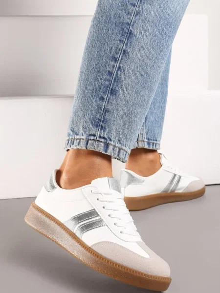 Sneakers Albi-Argintii cu Șireturi și Talpă de Cauciuc Gialessa alb