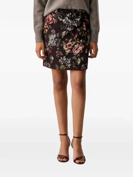 Fusta mini Luisa Spagnoli cu model floral cu cataramă maro