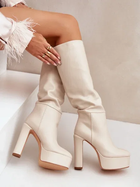 Kožené kozačky Fs1 na platformě béžové