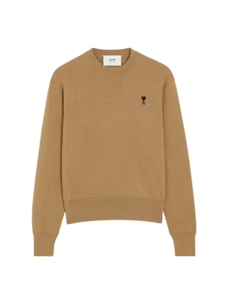 Sweter Ami Paris z okrągłym dekoltem z logo brązowy