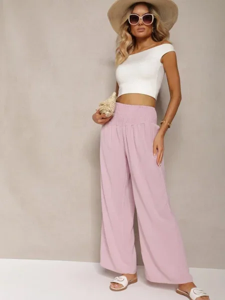 Spodnie Kuloty High Waist z Gumką w Talii Lipadre różowe
