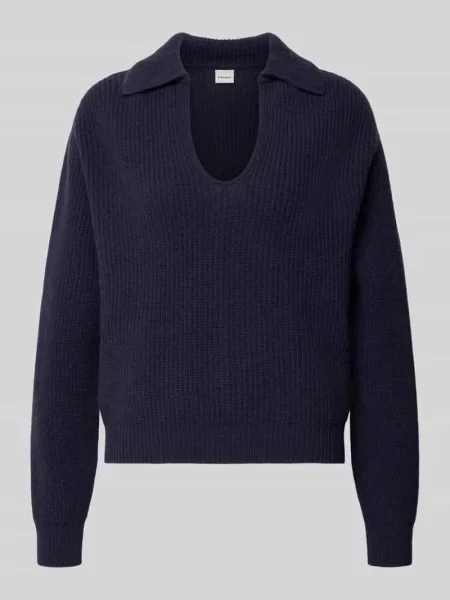 Sweter z dzianiny z wełny lana z kołnierzykiem polo Stefanel granatowa