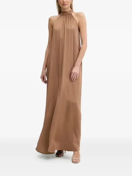 Rochie maxi Fracomina fără mâneci cu gât halter de costum maro