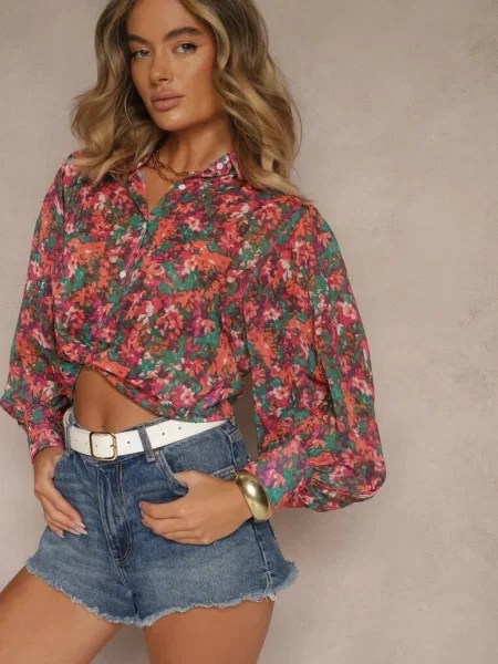 Cămașă Roz-Verde cu Mâneci Bufante cu Imprimeu Floral Paedria verde