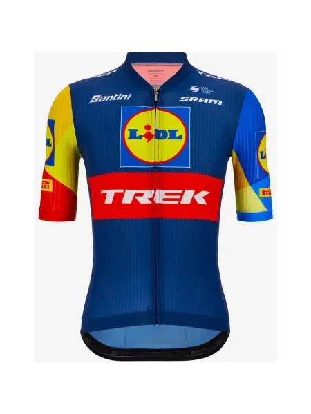 Koszulka rowerowa Lidl-Trek krótki rękaw jasnoczerwona Krój Sleek L niebieska