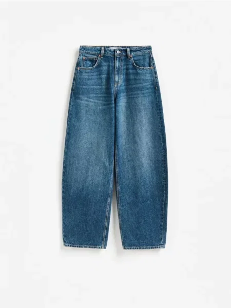 Reserved Blugi barrel leg metalizat albastru