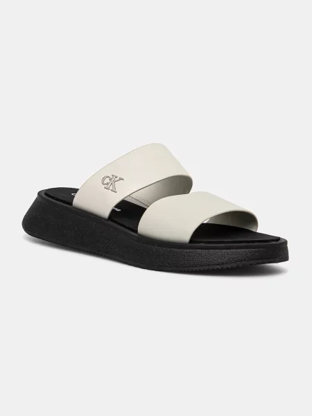 Чехли Calvin Klein Jeans SANDAL SLIDE DOUBLE STRAP с платформа бежово