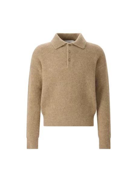 Sweter Ami Paris wełniany z okrągłym dekoltem brązowy