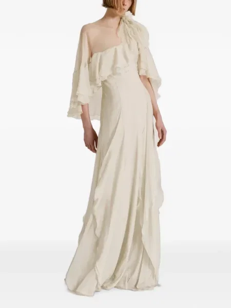 Rochie maxi Alberta Ferretti de mătase cu volane alb