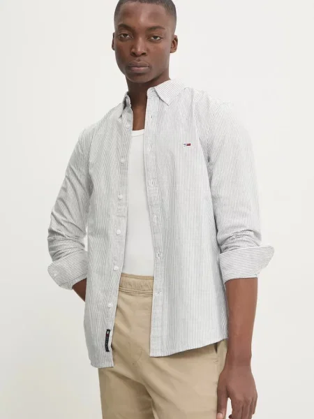 Риза Tommy Jeans мъжка с кройка по тялото с яка с копче сиво