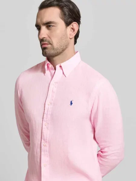 Lniana długa koszula Polo Ralph Lauren z długim rękawem różowa