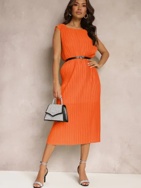 Rochie midi clos din plisat cu cu cataramă portocalie