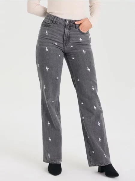 Джинси wide leg з високою талією та квітковою вишивкою сірий