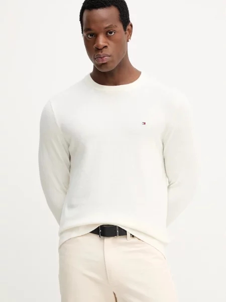 Tommy Hilfiger sweter z domieszką kaszmiru beżowy lekki biały