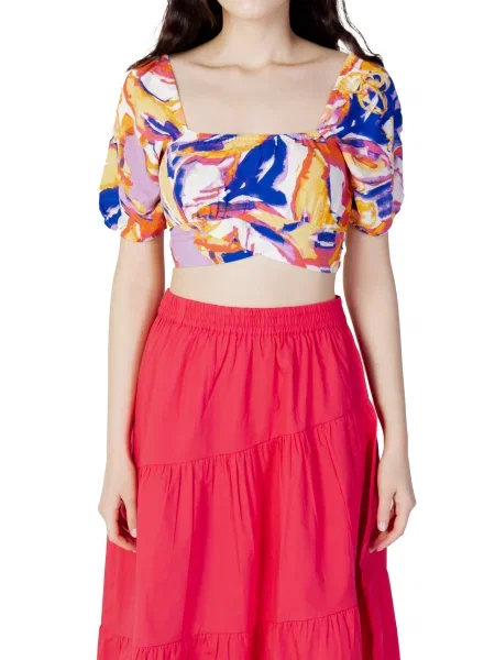 Krótka wielobarwność lniana bluzka Only niebieska