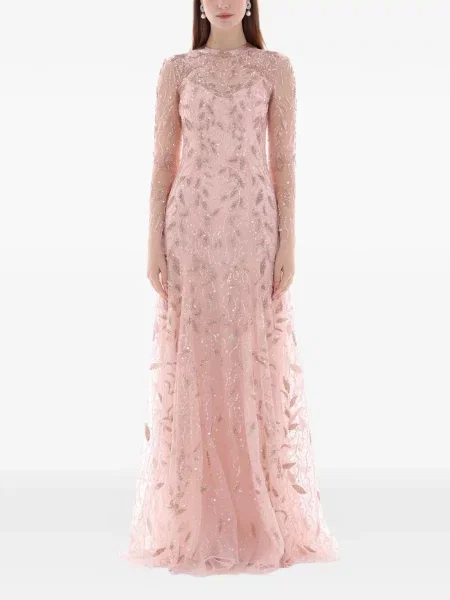 Rochie maxi Dina Melwani cu broderie de costum roz