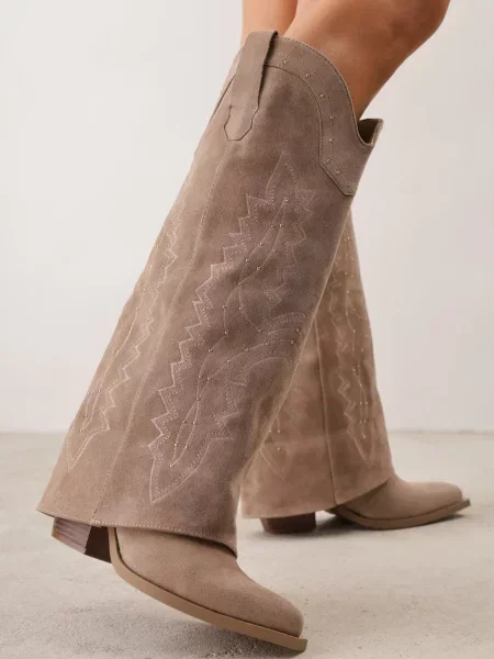 Cizme Ideal cu broderie cu toc conic conici bej