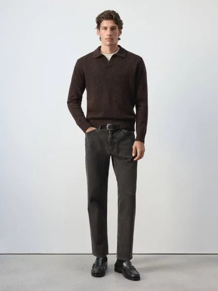Sweter polo z mieszanki wełny alpaki czekoladowy Mężczyzna XXL MANGO MAN