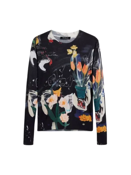 Lniany sweter Desigual z nadrukiem z długim rękawem czarny