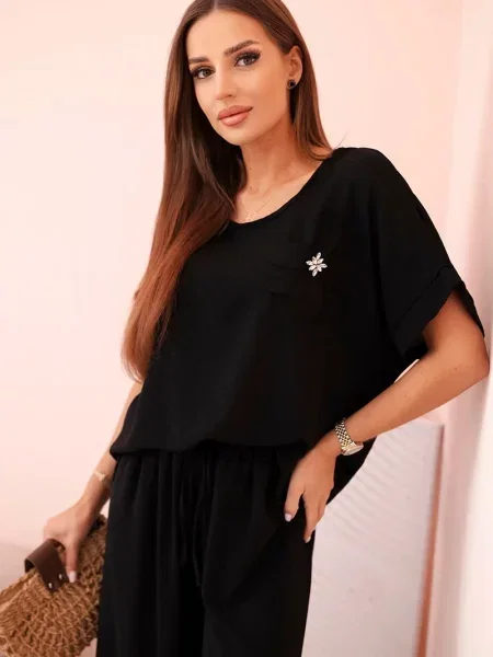 Pantaloni Kesi Włoski cu model floral negru