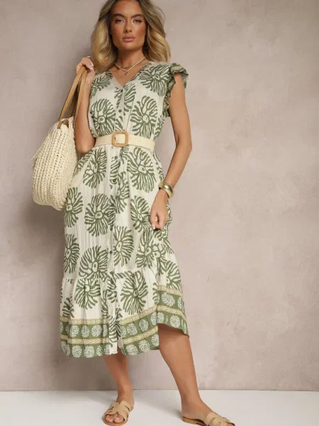 Sukienka Koszulowa z Wiskozą w Geometryczny Wzór Boredis zielona