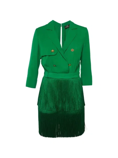 Rochie mini Elisabetta Franchi cu franjuri cu două rânduri de nasturi verde