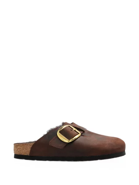 Papuci tip mules Birkenstock cu cataramă din piele de oaie maro
