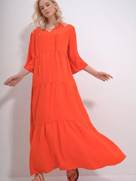 Rochie Trend Alaçatı Stili cu șireturi cu decolteu în V cu volane portocaliu
