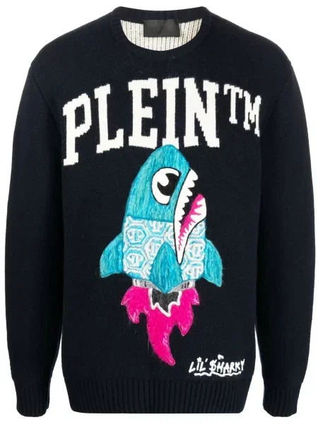 Pulover Philipp Plein cu imagine cu decolteu în U albastru