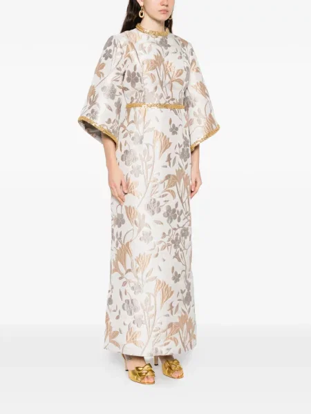 Rochie maxi Baruni cu model floral din jacard de costum alb