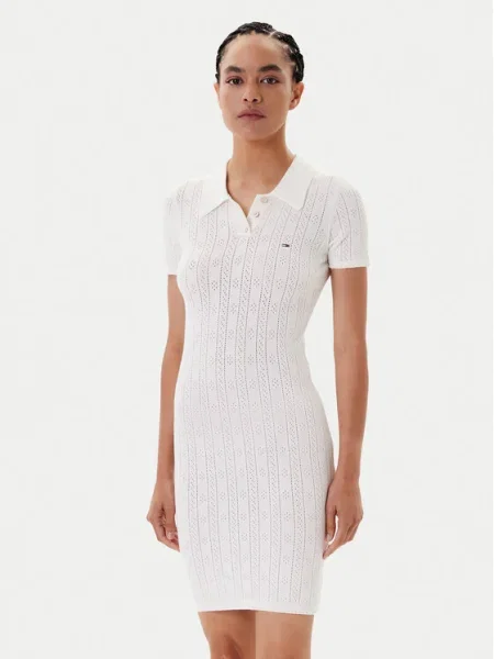 Tommy Jeans Плетена рокля Pointelle Екрю бежово