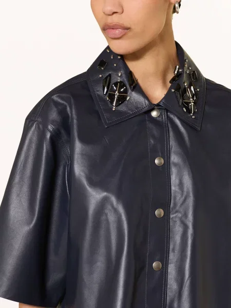 Sem Per Lei Kurtka Skórzana Z Ozdobnymi Kamykami I Perełkami blau granatowa