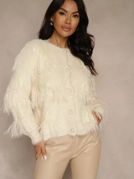 Kardigan z Dzianiny z Wełną Imitującą Pióra z Perłowymi Meviatta beżowy