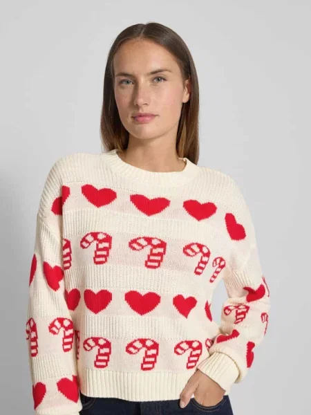 Sweter świąteczny o kroju regular fit z okrągłym dekoltem model ‘CANDYHEARTS’ Vero Moda biały