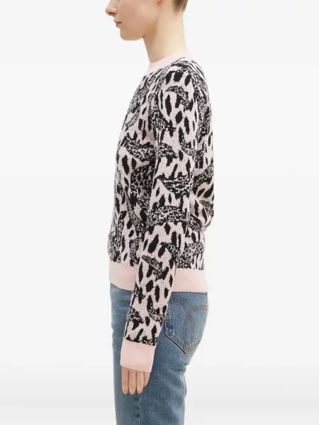 Pulover Fiorucci cu model leopard cu decolteu rotund din jacard roz