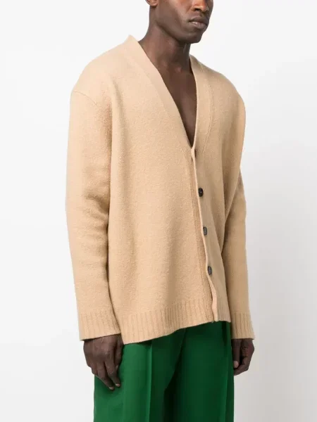 Kardigan Jil Sander wełniany z dekoltem w serek brązowy