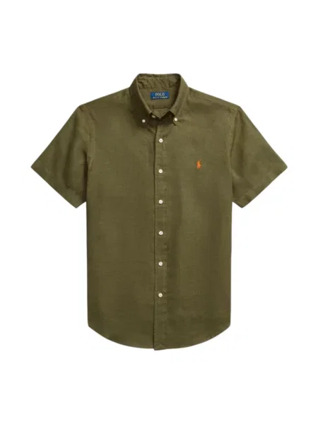 Ralph Lauren Koszule Mężczyzna Zielony L Len Custom FIT Linen Shirt Olive Green oliwkowa