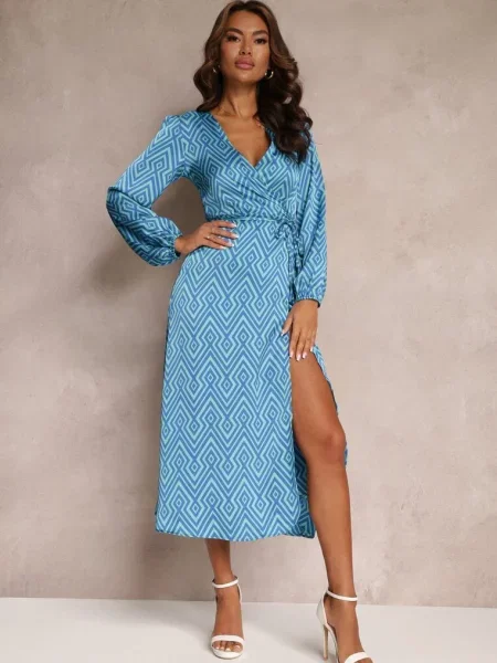 Satynowa Sukienka Kopertowa w Geometryczny Wzór Hurush niebieska