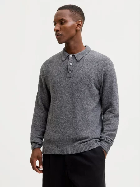 Sweter z dzianiny z kołnierzykiem polo model ‘MAVERICK’ Jack & Jones Premium szara
