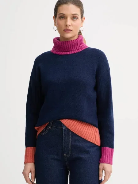 United Colors of Benetton sweter z dodatkiem wełny granatowy z golfem