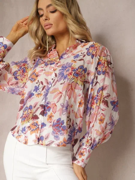 Cămașă Alb-Roz cu Flori cu Mâneci Bufante Runelia alb