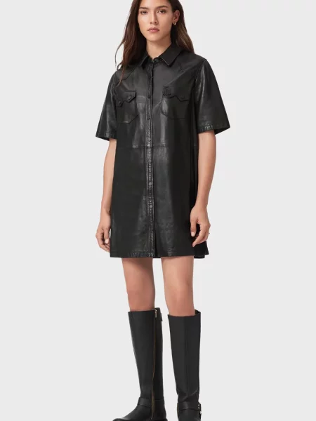 Кожаное платье Allsaints черное