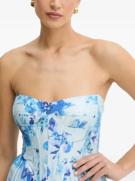 Rochie midi Bardot cu model floral până la genunchi de costum albastru