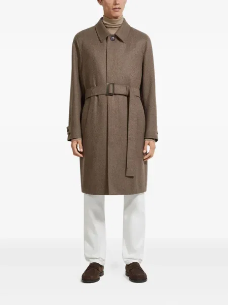 Cu centură palton Zegna din țesătură twill maro